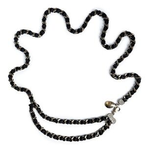 St John Chain Belt Black Ribbon and Bronze Metal Chain Rhinestones OSFM Vintage